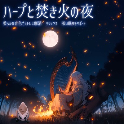 A night of harp and bonfire. Soft tones help you relieve stress, relax, and sleep deeply. Front Cover