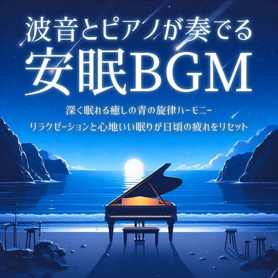 Sleep BGM played by the sound of waves and piano. A soothing blue melodic harmony that will help you sleep deeply. Relaxation and a comfortable sleep will reset your daily fatigue. Front Cover