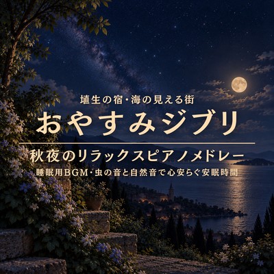 Relaxing Ghibli Autumn Night Piano Medley - Sleep Music with Cricket Sounds and Nature Sounds for Peaceful Sleep - Home Sweet Home and A Town with an Ocean View Front Cover