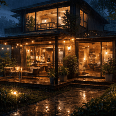 Rain Sounds for Sleep & Relaxation - Cafe-Style Open Terrace House Front Cover
