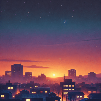 View of the city tinted by dusk. Front Cover