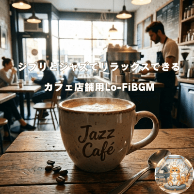 ジブリとジャズでリラックスできるカフェ店舗用Lo-FiBGM ピアノギター音でエモい雰囲気のジャケット写真