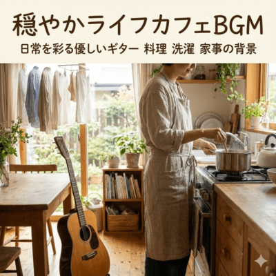 穏やかライフカフェBGM 日常を彩る優しいギター 料理 洗濯 家事の背景のジャケット写真