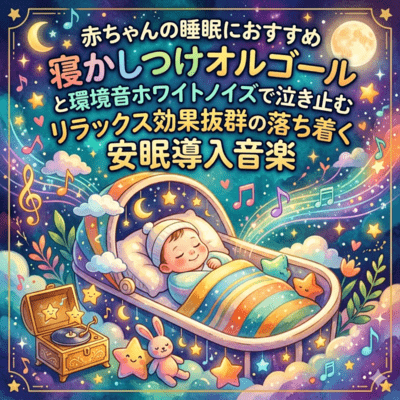 赤ちゃんの睡眠におすすめ寝かしつけオルゴールと環境音ホワイトノイズで泣き止むリラックス効果抜群の落ち着く安眠導入音楽のジャケット写真