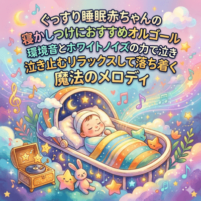 ぐっすり睡眠赤ちゃんの寝かしつけにおすすめオルゴール環境音とホワイトノイズの力で泣き止むリラックスして落ち着く魔法のメロディのジャケット写真