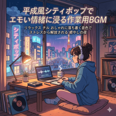 平成風シティポップでエモい情緒に浸る作業用BGMリラックスチルおしゃれに落ち着く音色でストレスから解放される癒やしの夜のジャケット写真