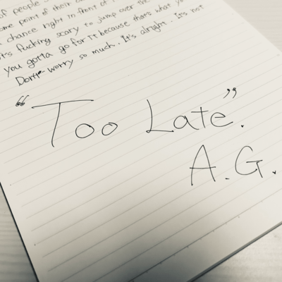 "Too Late." Front Cover