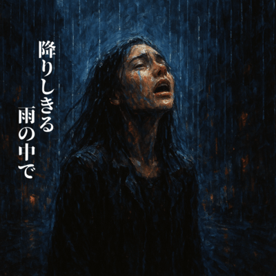 降りしきる雨の中でのジャケット写真