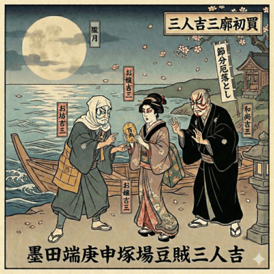 Sumida Riverbank, Koshin Mound Scene, The Bean Bandits, Three Kichisas Front Cover