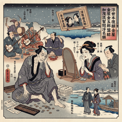 Ukiyo Honpukunegai Kanayakingoro Chikaimusubu Kamononagare Taikomochi Ukinanogaku Front Cover