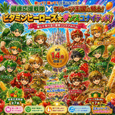 Healthy Hero Squad × Fruit Kingdom Knights! Vitamin Heroes Dance United! Front Cover