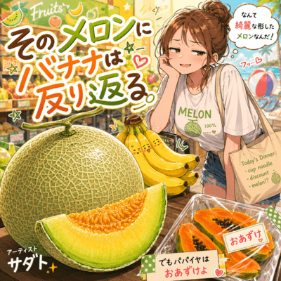 The banana curls up against the melon. Front Cover